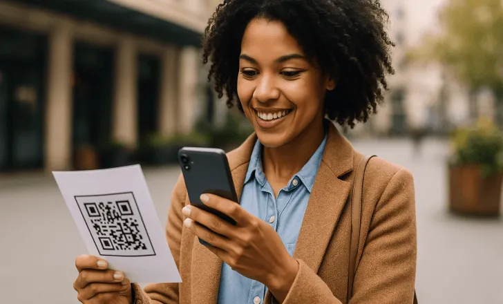 Young woman scanning a QR code from a printed brochure using her phone outdoors