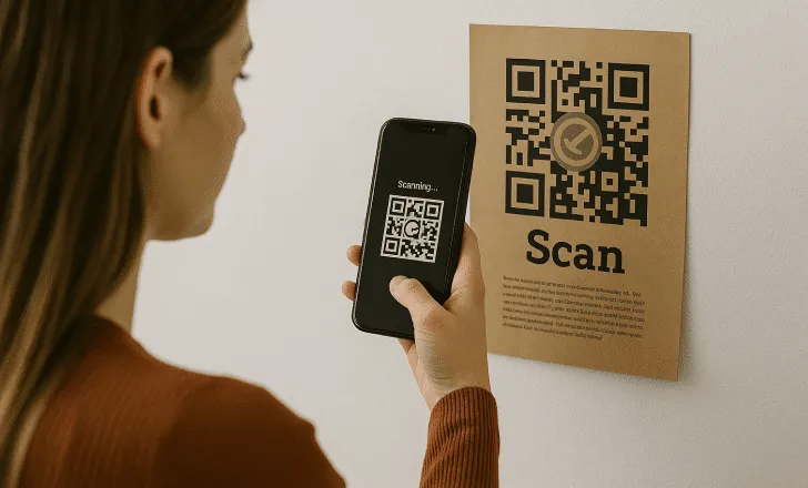 Young woman scanning a flyer with a watermark QR code printed on kraft paper attached to a wall