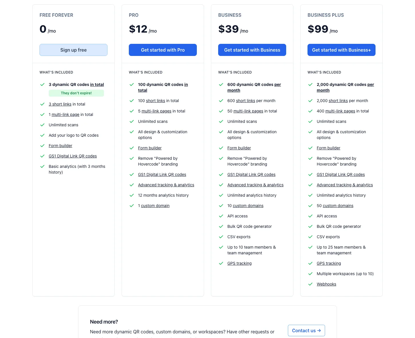 Hovercode pricing page plan grid: Free forever, Pro $12, Business $39, Business Plus $99