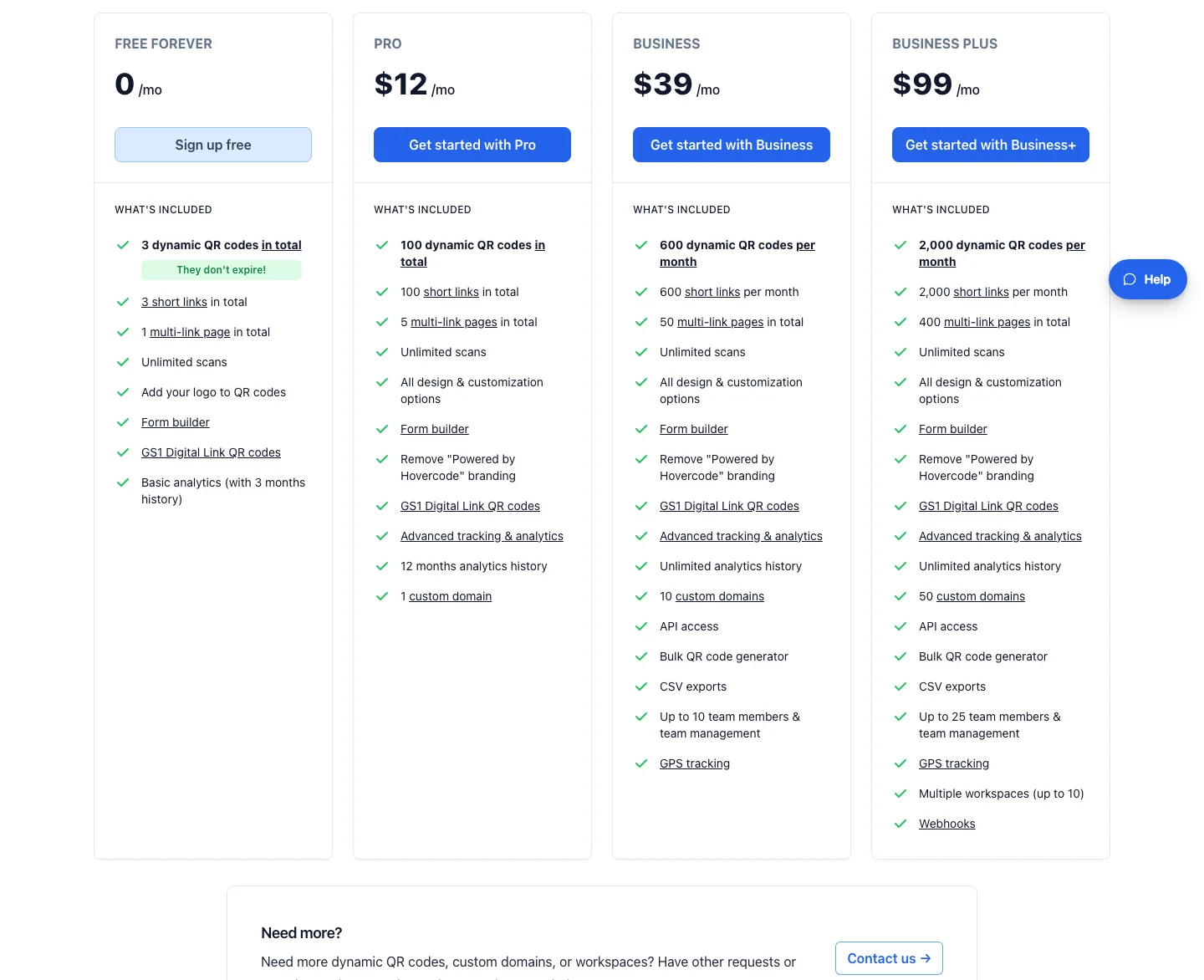 Hovercode pricing page plan grid: Free forever, Pro $12, Business $39, Business Plus $99 per month