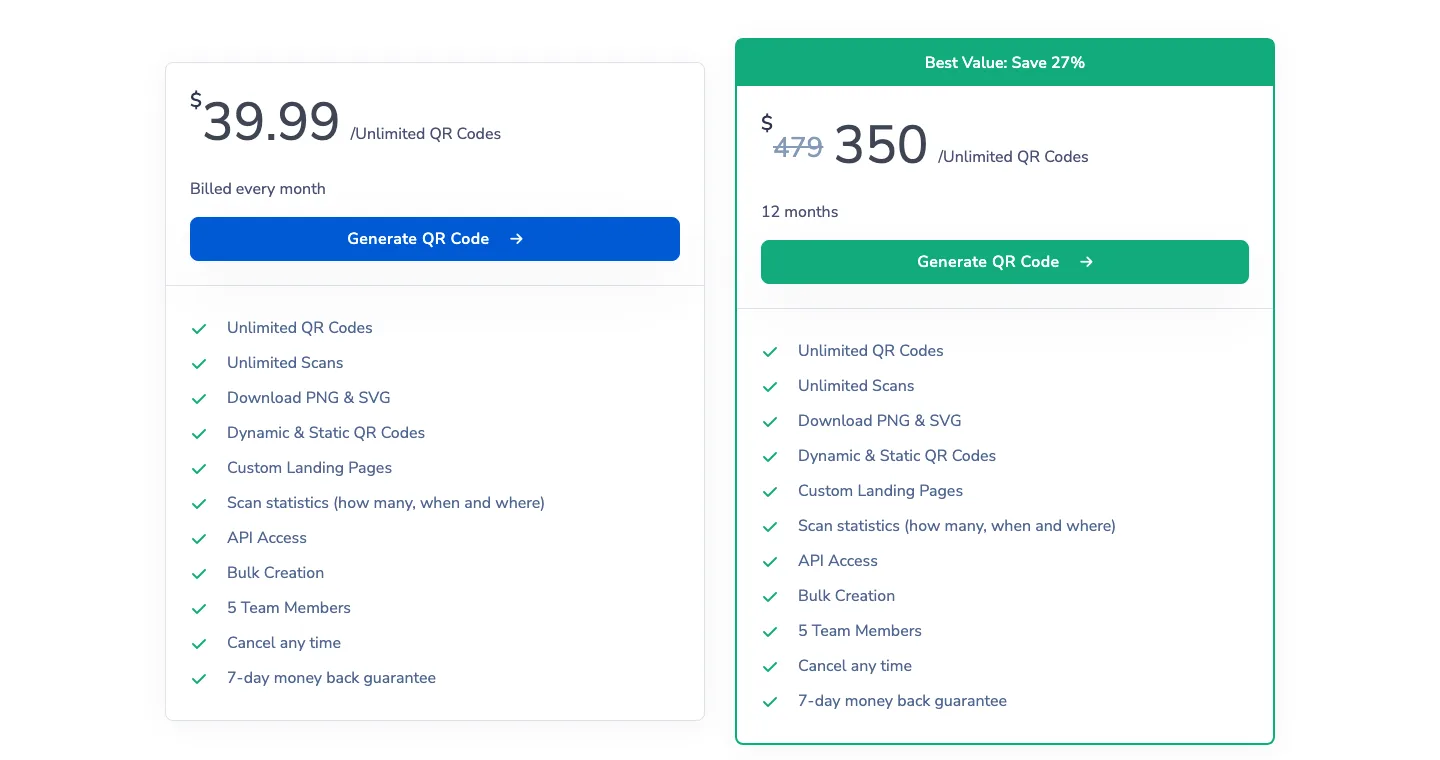 QR.io pricing page: one plan at $39.99 billed monthly, or $350 for 12 months