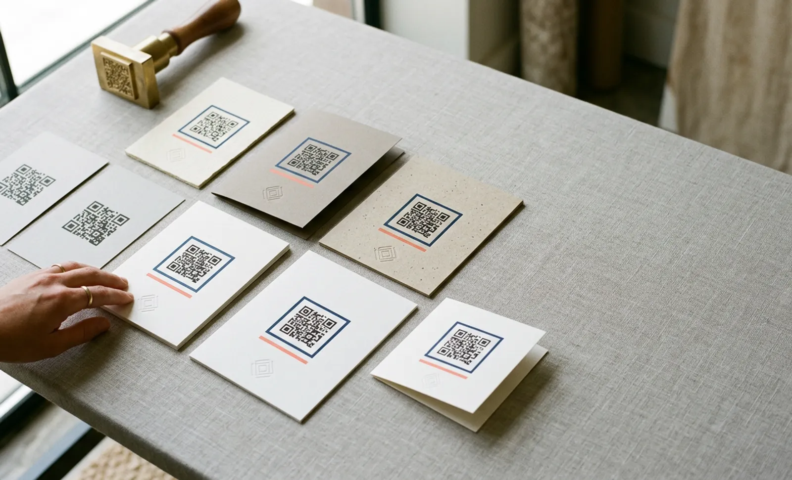 Printed cards with brand-framed QR codes laid out in rows on a linen table, a hand adjusting one of them