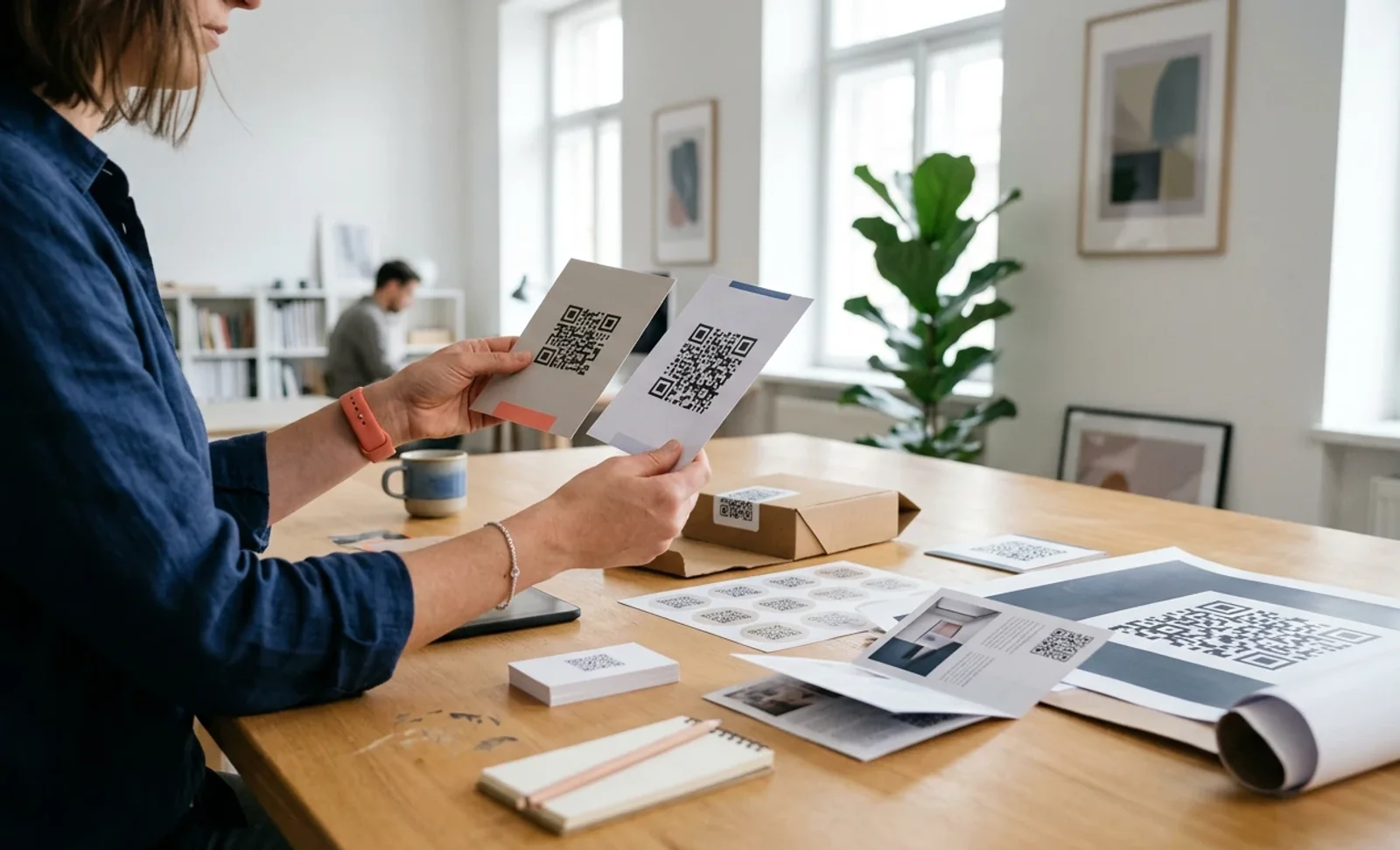 A person at a studio desk holding two printed QR code proofs side by side, with packaging, stickers and a poster on the table