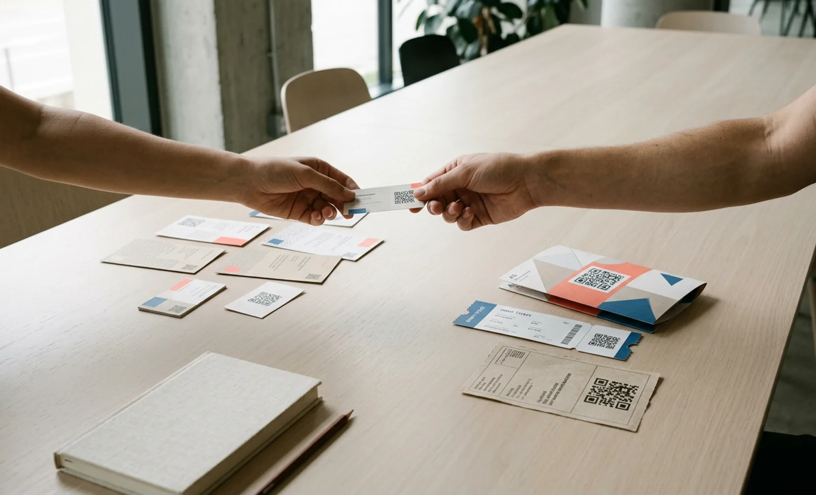 A printed QR code card being handed across a table from one person to another