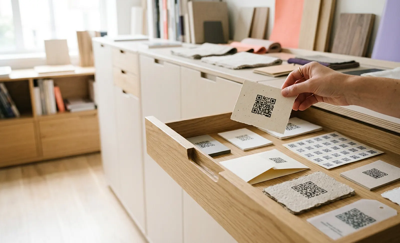 A hand lifting a printed QR code card from an open wooden drawer of QR code samples on cards, tags and sticker sheets