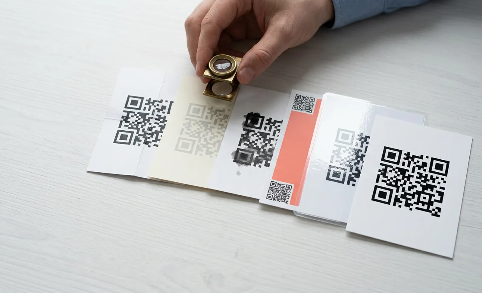 A hand holding a loupe over a row of printed QR codes with common faults, creased, faded, smudged, too small and glossy, beside one printed cleanly