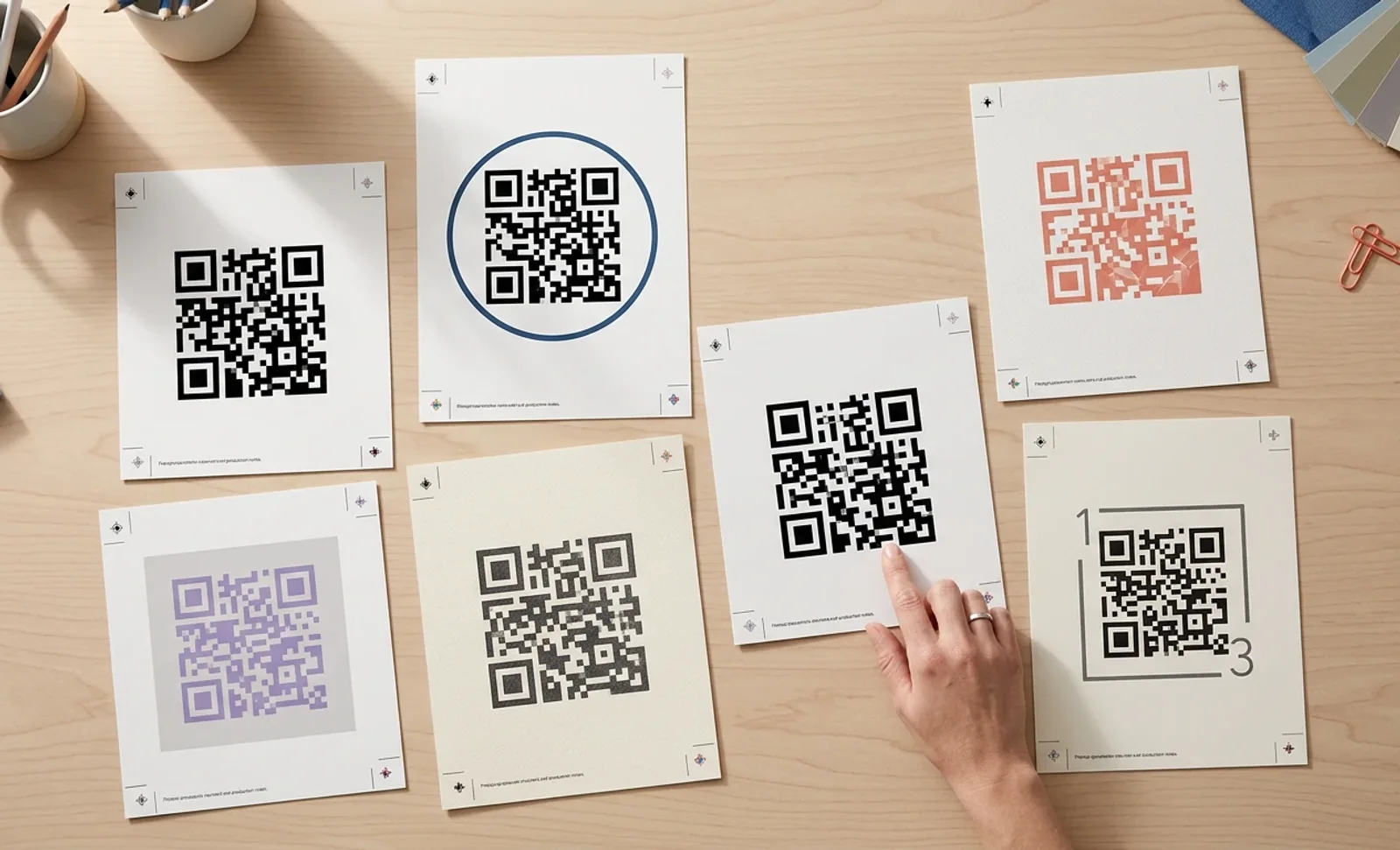 Printed QR code proof cards laid out on a desk for review, one with a hand pointing at it