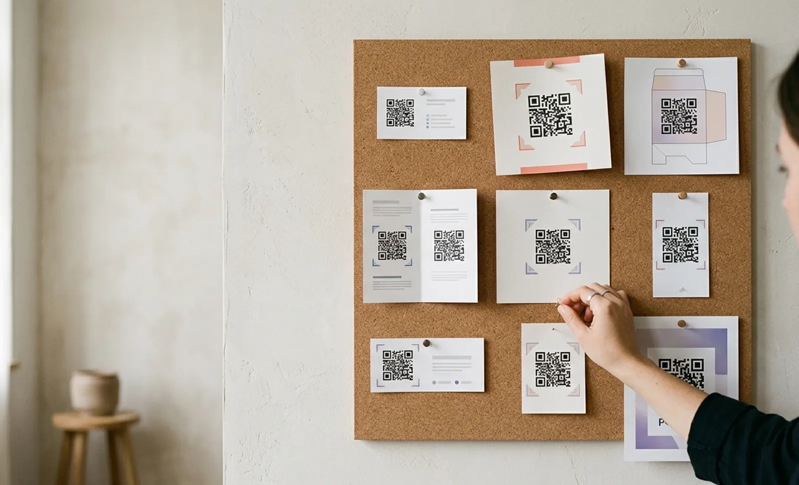 A person pinning printed QR code proofs to a corkboard: business cards, a packaging dieline, a folded leaflet and posters