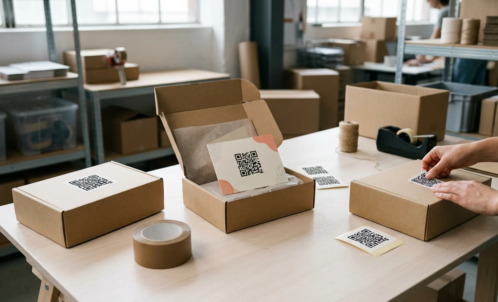 Hands pressing a QR code sticker onto a shipping box at a packing station, with kraft mailer boxes, an insert card with a QR code, tape and twine