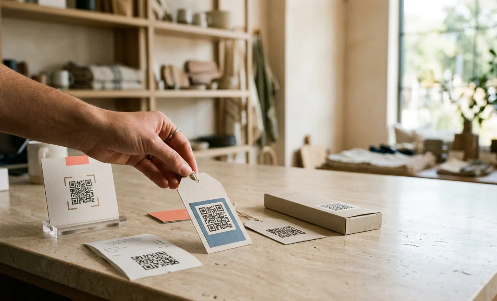 A hand picking up a QR code swing tag on a stone shop counter, next to a QR code table card, a receipt and a small box, in a homeware shop