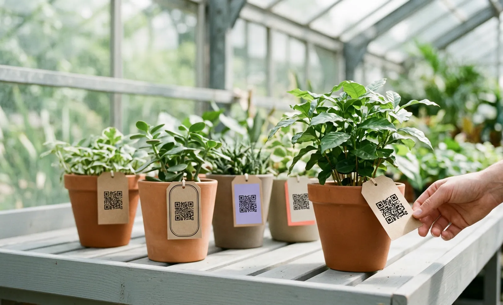 A hand reaching for a potted plant on a greenhouse bench, each terracotta pot tagged with a kraft label carrying a QR code