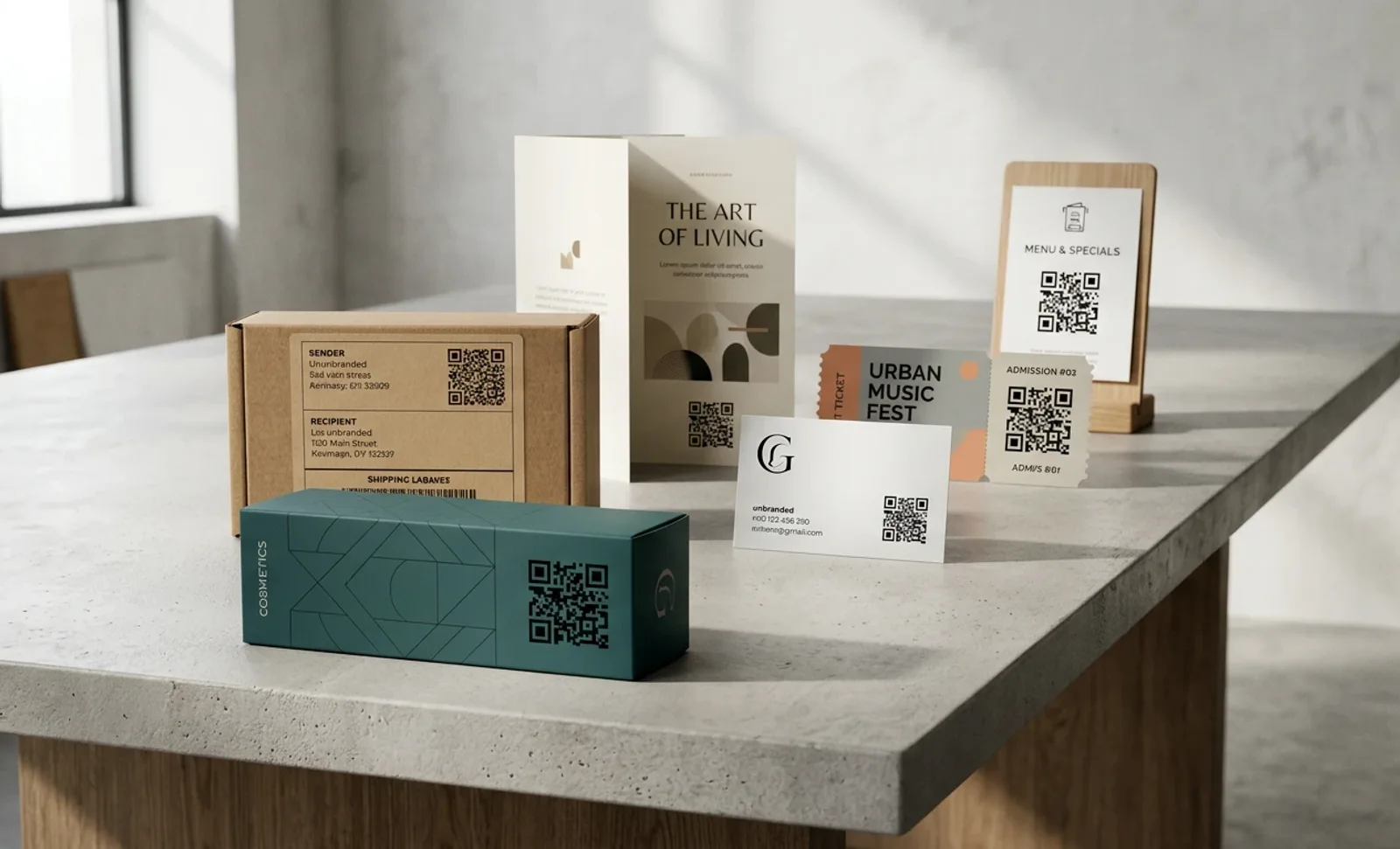 QR codes printed on a shipping box, a cosmetics box, a brochure, an event ticket, a business card and a table menu
