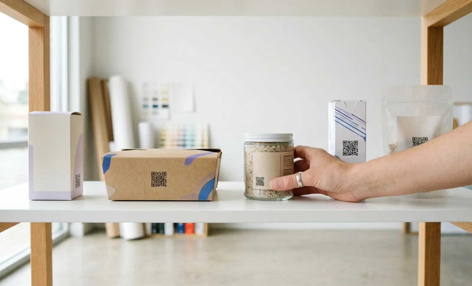 Product packaging on a white shelf, a kraft box, a glass jar, a printed carton and a pouch, each with a QR code, as a hand places the jar