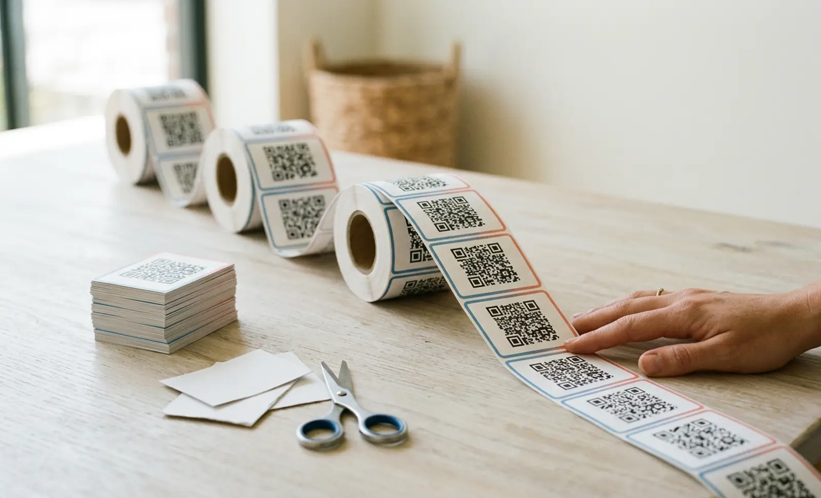 Rolls of printed QR code labels and a stack of QR code cards on a wooden table, with a hand unrolling a strip of labels