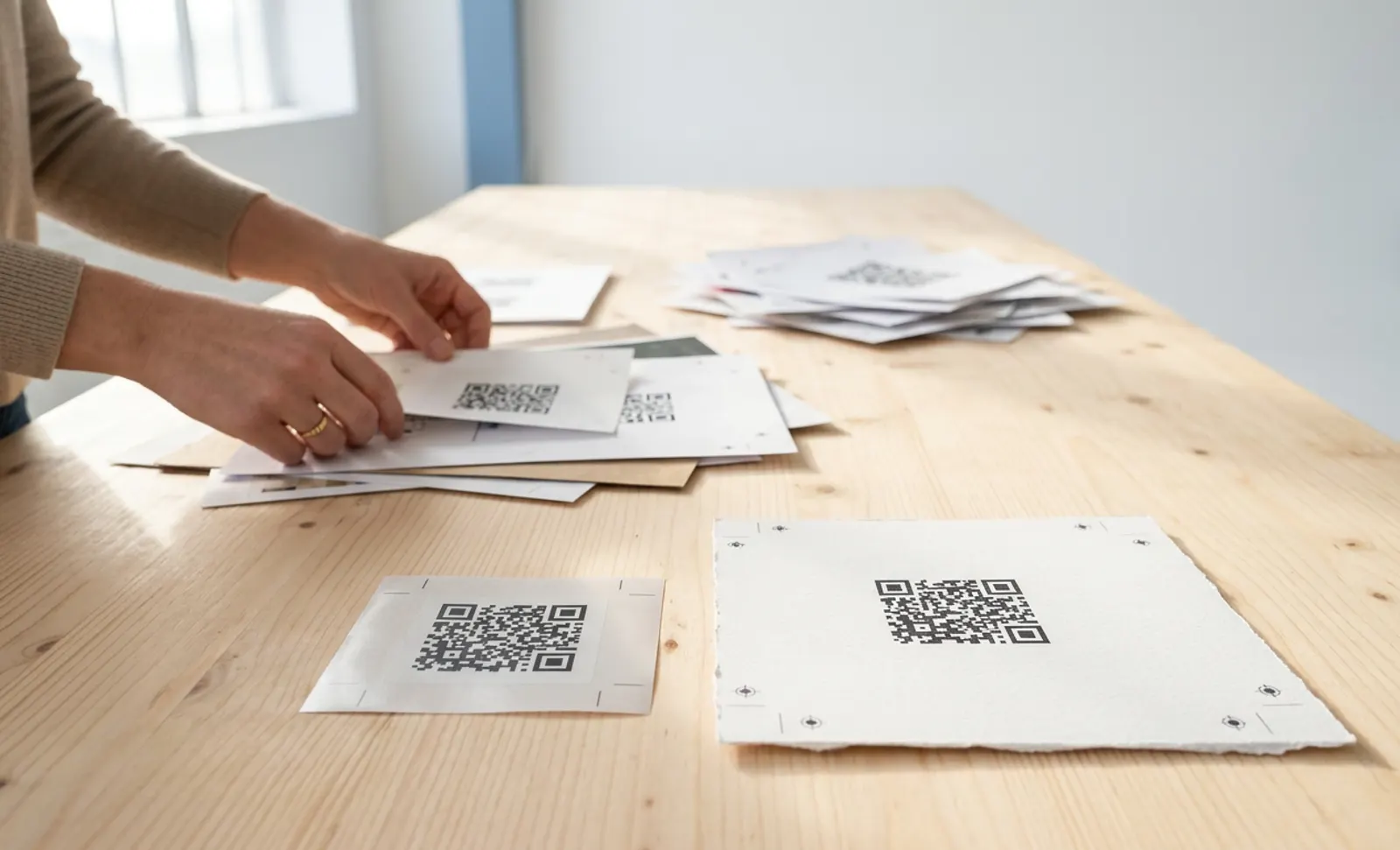 A person sorting printed QR code proofs on a wooden table, with a stack of cards behind and two finished proofs laid out in front