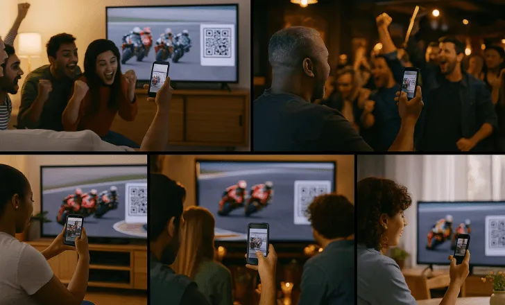 Different people worldwide watching MotoGP on TV and scanning QR codes
