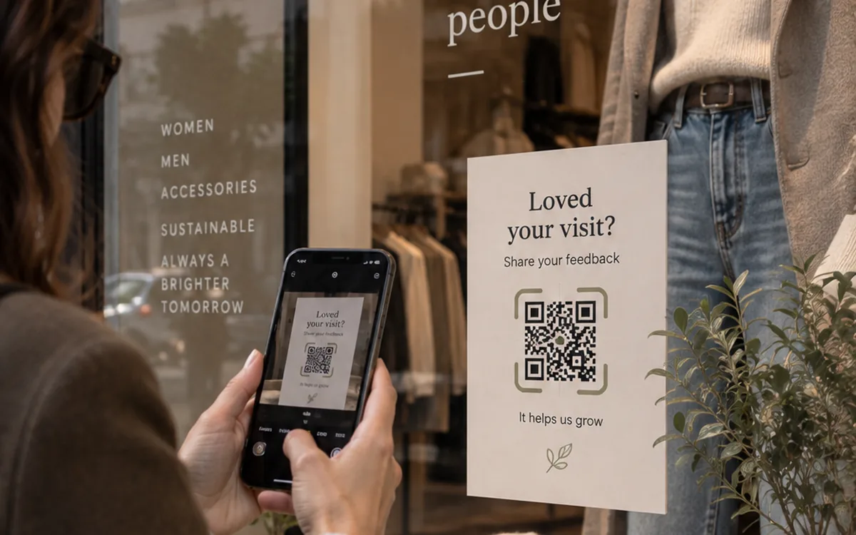 Une cliente scanne avec son téléphone une carte dans la vitrine d’une boutique de vêtements invitant à laisser un avis.