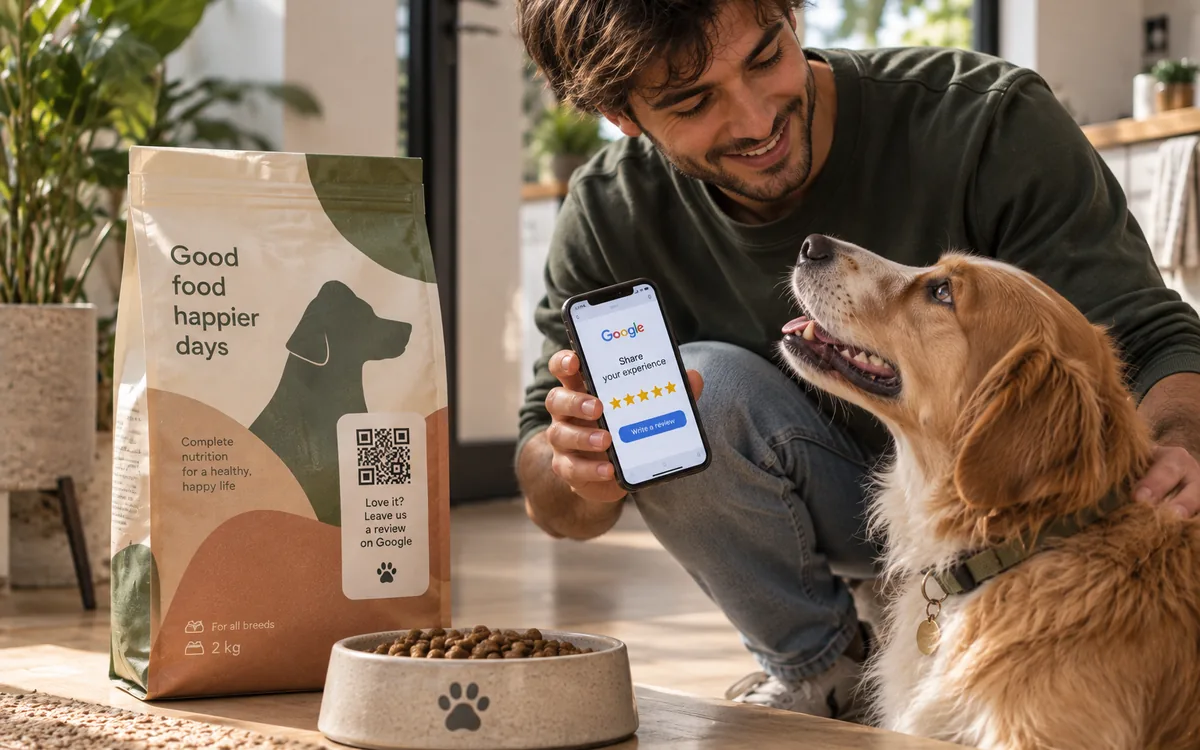 Un maître avec son chien à côté d’un sac de croquettes portant un QR code invitant à laisser un avis sur Google.