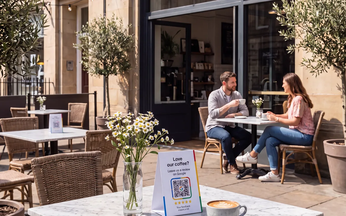 La terrasse d’un café avec un chevalet de table invitant à laisser un avis sur Google.