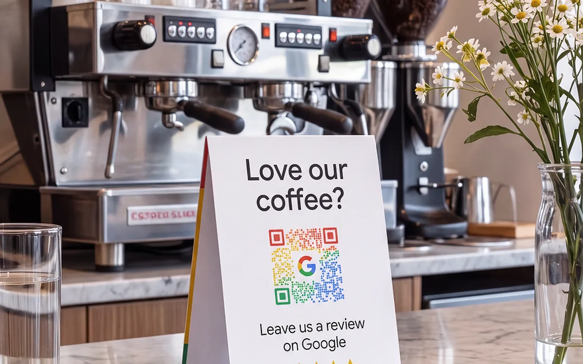 Un chevalet sur le comptoir d’un café invite à laisser un avis sur Google, devant la machine à café.