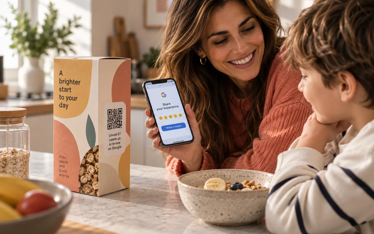 Une mère et son fils à la table du petit-déjeuner regardent un téléphone affichant une page d’avis, à côté d’une boîte de céréales avec un QR code.