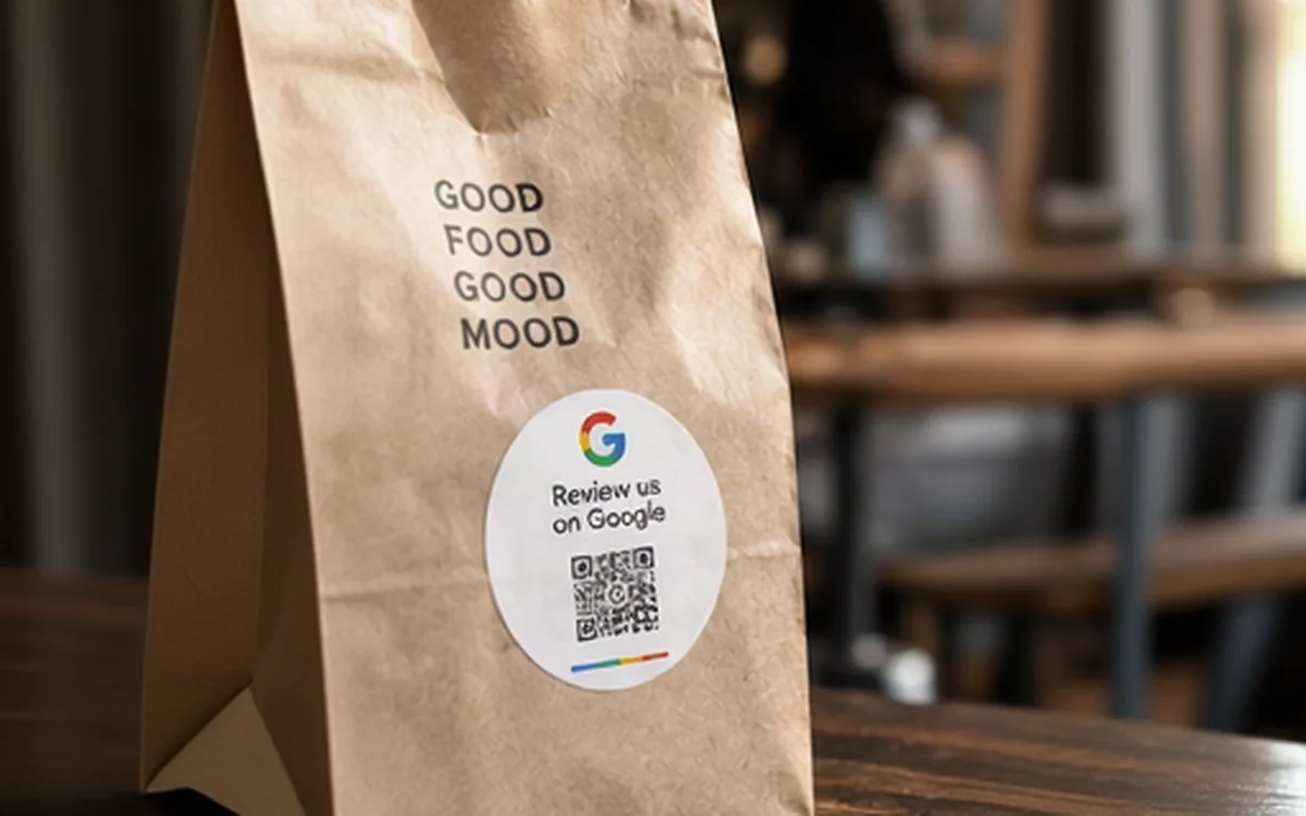 Un sac en papier à emporter portant un autocollant « Review us on Google » et son QR code.