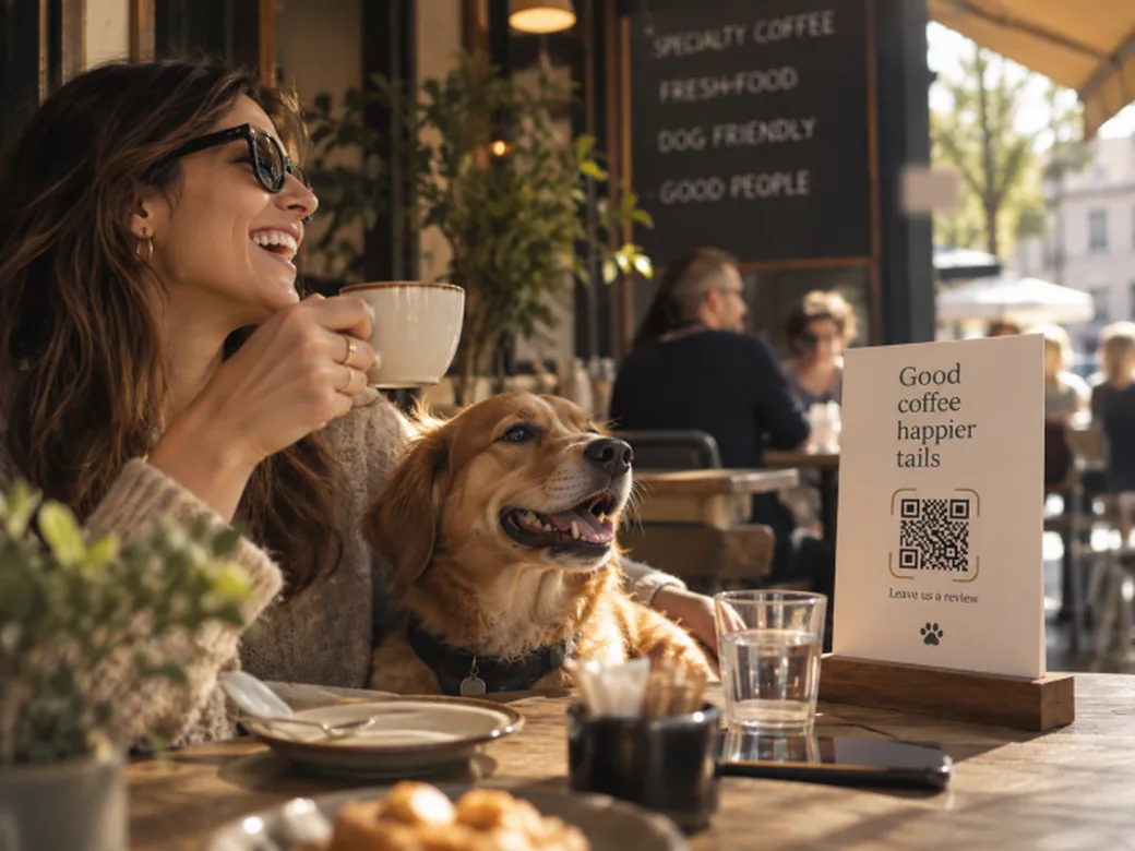 Una donna ride con il suo cane al tavolo di un dehors, accanto a un cavalierino con la scritta “Good coffee, happier tails” e un QR code.