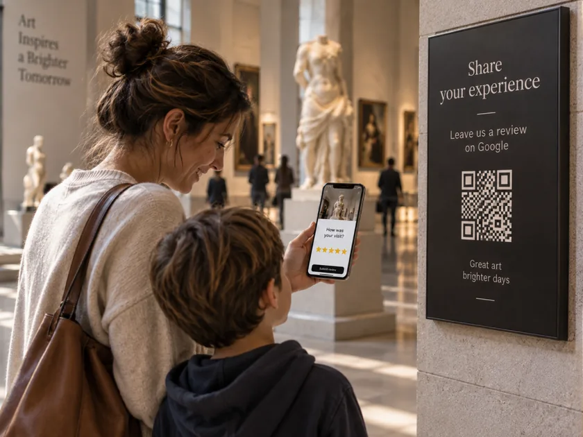 Una donna e un bambino in un museo guardano il telefono davanti a un cartello “Share your experience” con un QR code.
