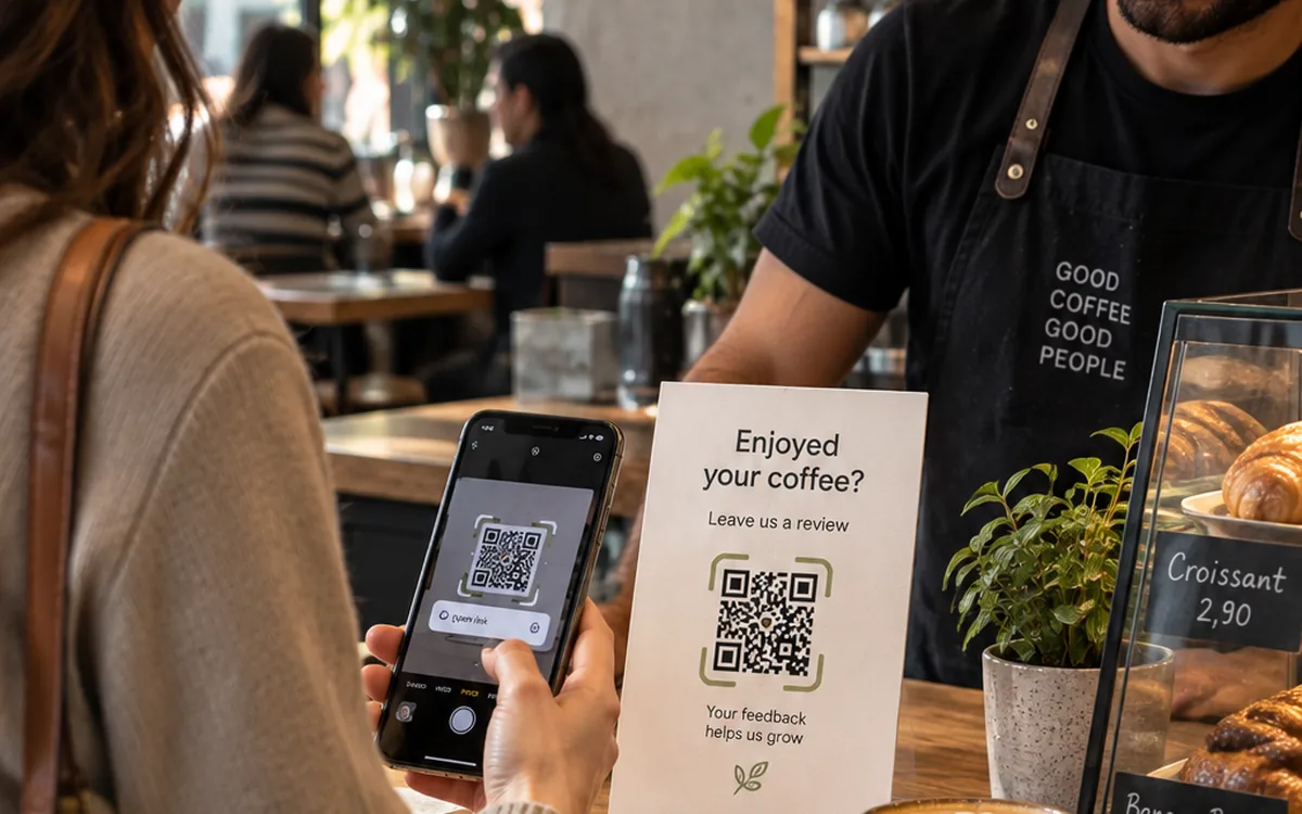 A customer scanning a table card that reads “Enjoyed your coffee? Leave us a review” while the barista works behind the counter.