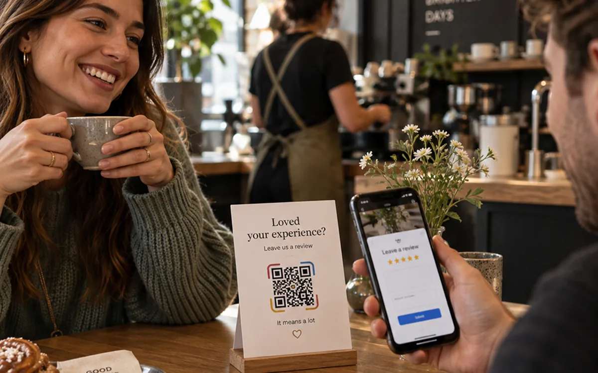 A customer smiling over coffee, holding a phone with a review open, next to a table card that reads “Loved your experience? Leave us a review”.