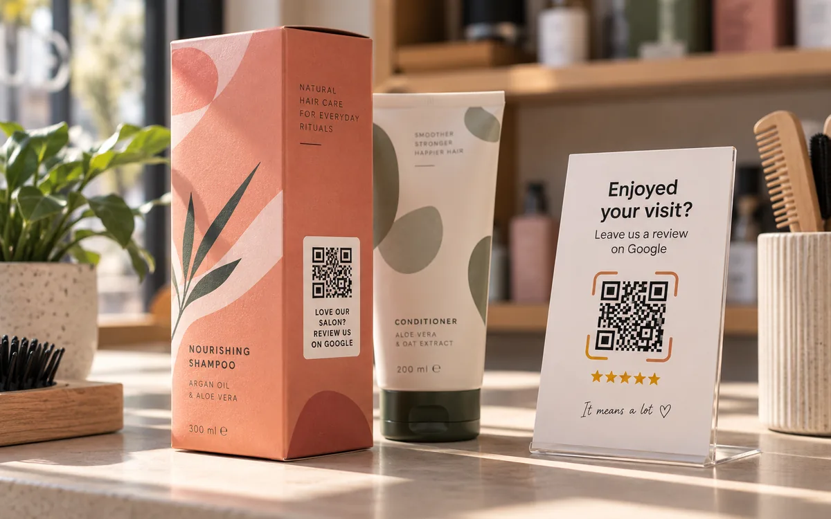 Cosmetics packaging on a shop shelf beside a card that reads “Enjoyed your visit? Leave us a review on Google” with a QR code.