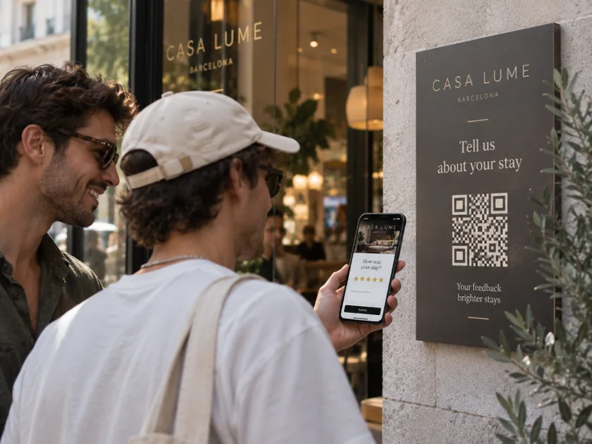 Due amici davanti a un negozio leggono una recensione sul telefono, accanto a un cartello con la scritta “Tell us about your stay” e un QR code.