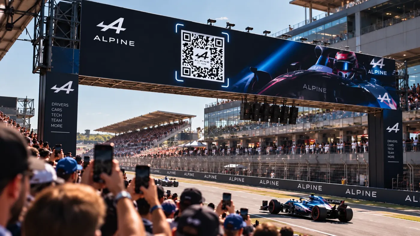 Fans at a race circuit scan a giant Alpine F1 Team QR code on the trackside gantry