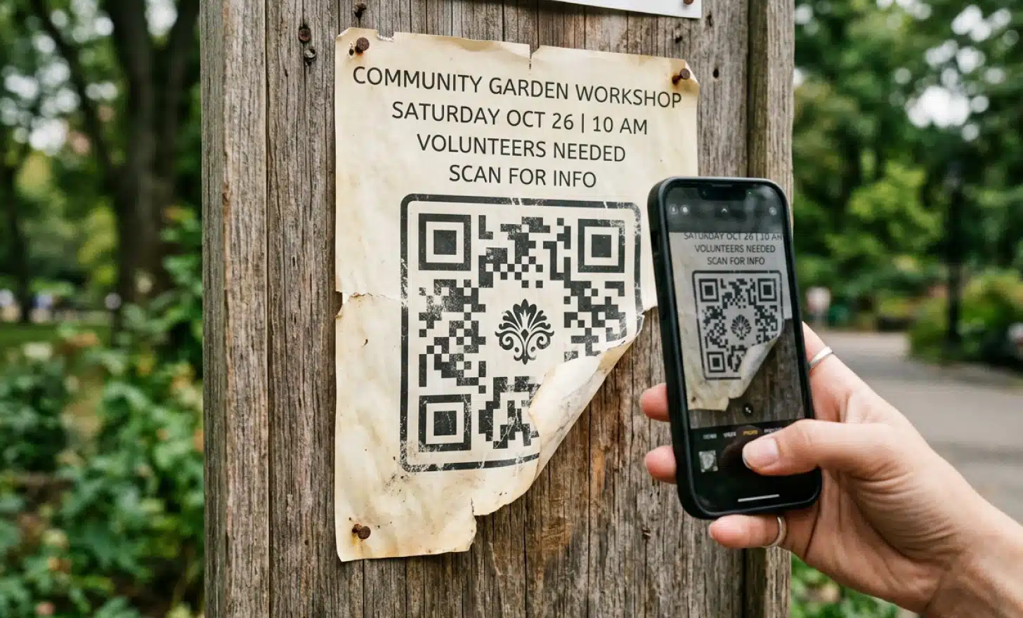 iPhone failing to scan a damaged and faded QR code on an outdoor notice board