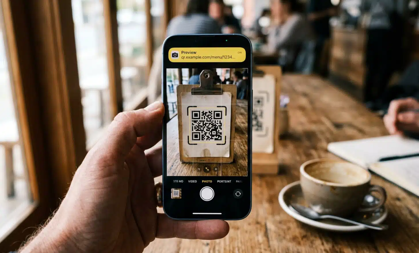 iPhone screen showing the native camera app detecting a QR code with a URL preview banner at the top.