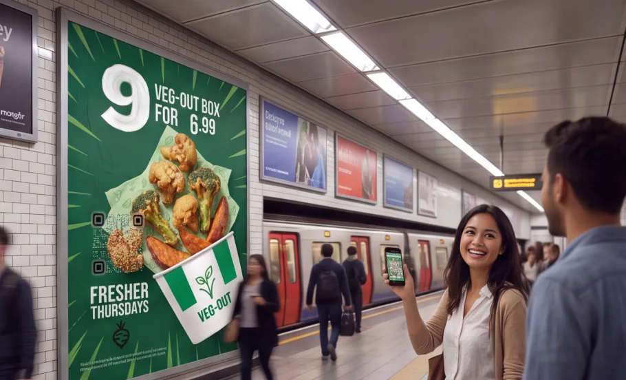 A commuter scanning a transparent QR code on a large underground platform poster from several metres away