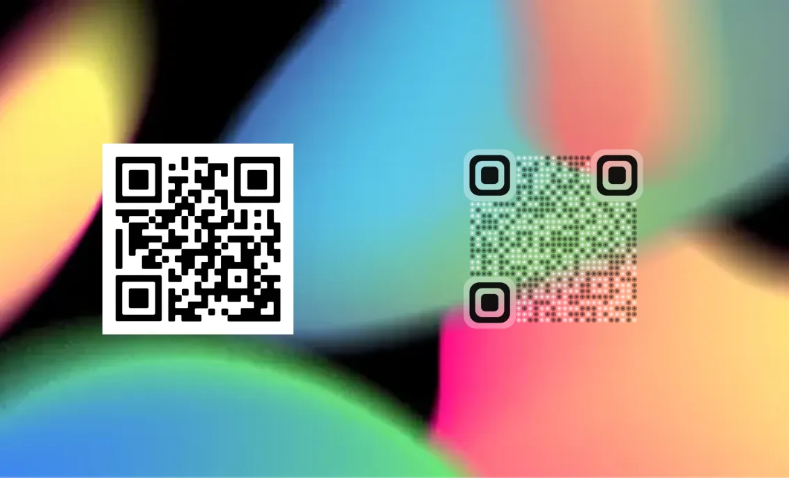 The same vivid gradient artwork with two codes on it: on the left a standard QR code on a white plate that blocks out the colours, on the right a transparent QR code whose dots pick up the greens and pinks behind them