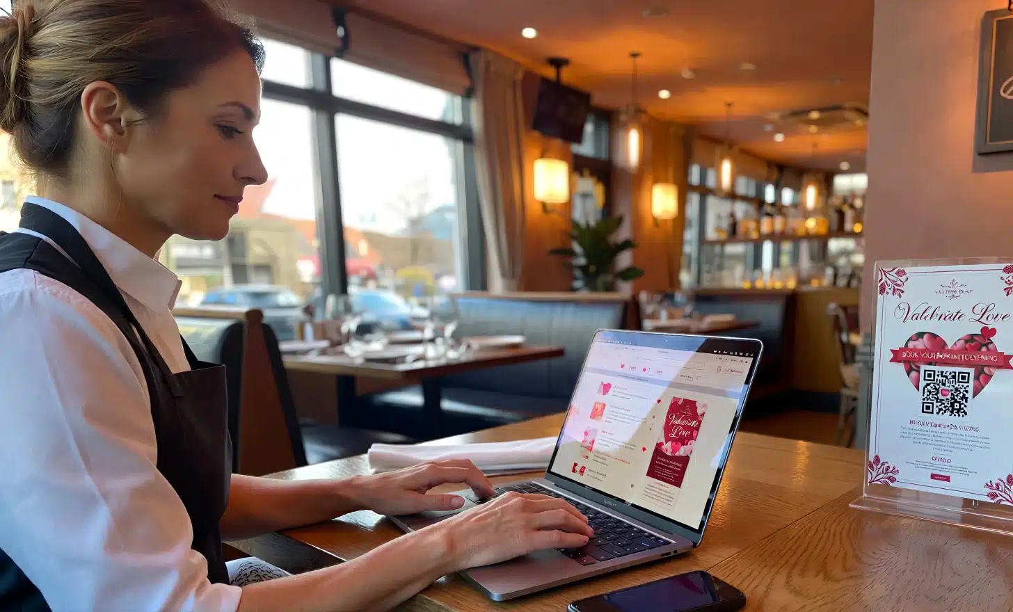 Restaurant staff updating Valentine’s promotion digitally