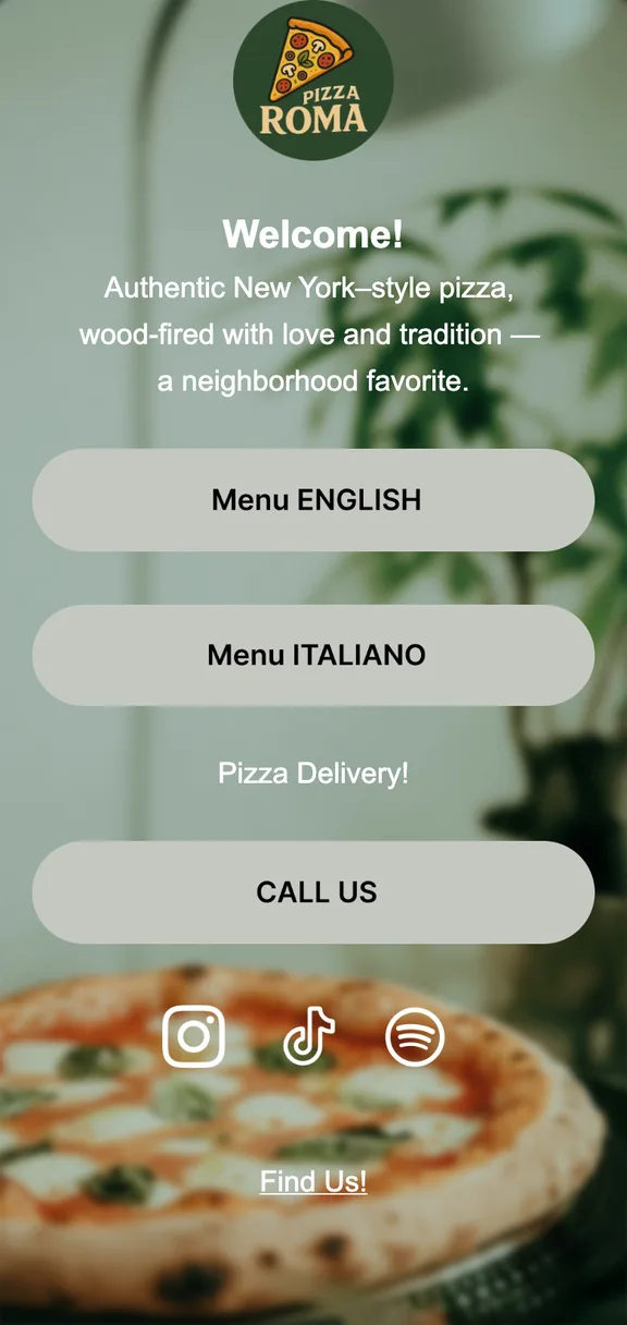 La página de Pizza Roma abierta en un móvil: cartas en inglés e italiano, pedidos a domicilio y botón de llamada