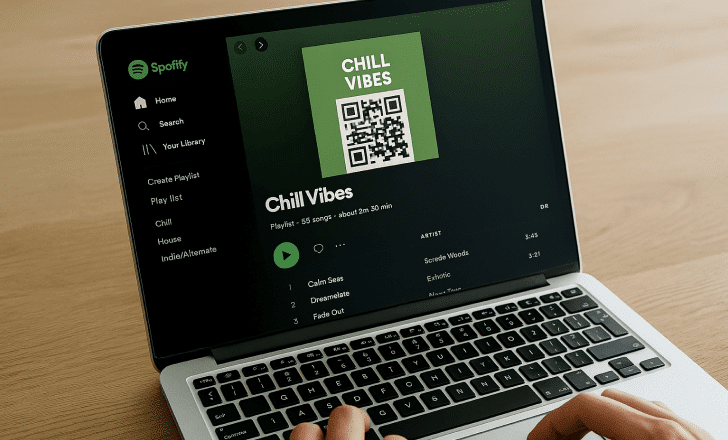 Primo piano dello schermo di un laptop con una playlist Spotify con un QR code in copertina