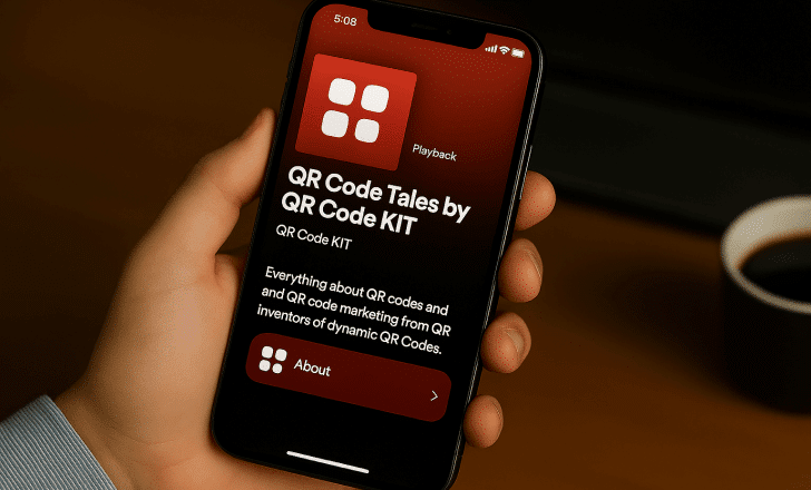 Mano che tiene uno smartphone che mostra il podcast QR Code Tales by QRCodeKIT con testo leggible e logo nella barra di avanzamento