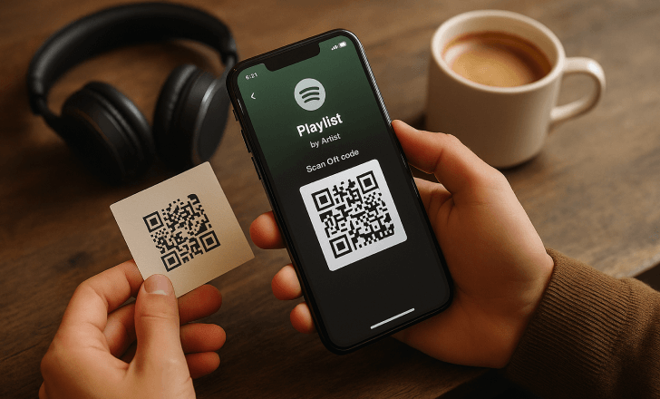 Mano che tiene un telefono e una card con un playlist QR code su un tavolo in legno su cui sono cuffie e un caffè