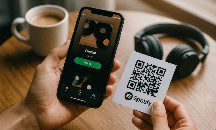 Persona con in mano uno smartphone che mostra una playlist e una card con un QR code e il logo di Spotify