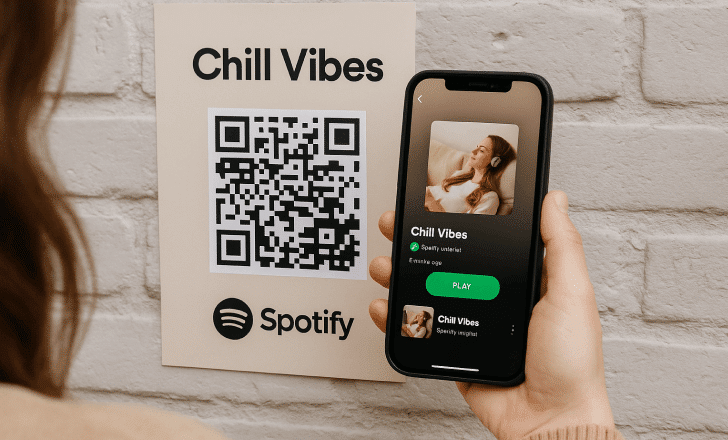 Persona che scansiona un playlist QR code per "Chill Vibes" su un poster di Spotify beige affisso a un muro di mattoni bianchi