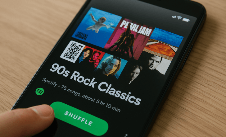 Schermo di smartphone che mostra una playlist di rock anni 90 con un QR code e il bottone di shuffle su un tavolo in legno