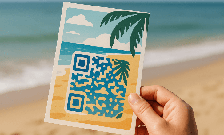 Mão segura um panfleto com tema de praia e código QR artístico integrado num design tropical