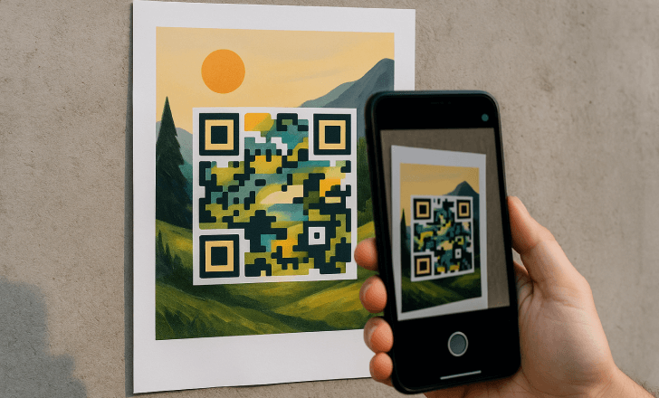 Mão segurando um smartphone escaneando um código QR com IA com tema de paisagem em um panfleto