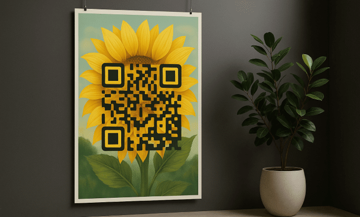 Cartaz grande com design de girassol e código QR com IA pendurado numa parede escura