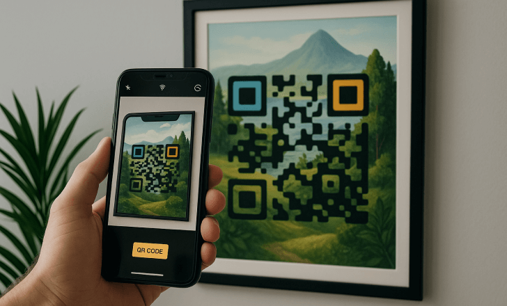 Código QR com IA com tema de natureza incorporado em uma pintura emoldurada, sendo escaneado com um smartphone