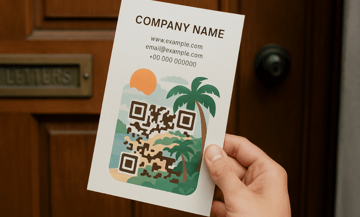 Pessoa segura um panfleto comercial com tema tropical, dados de contato e código QR com IA